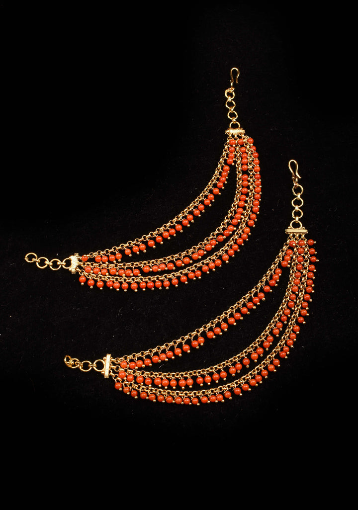 Three-Layered Red Beads Ear Chain  | Shobitam Jewelry