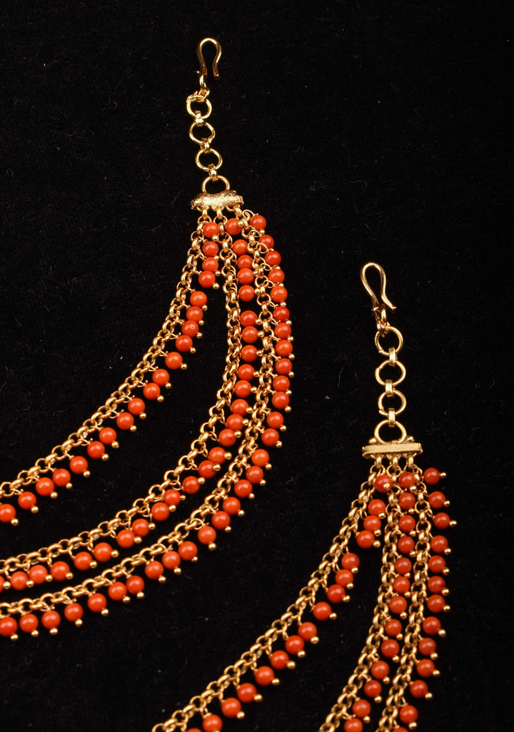 Three-Layered Red Beads Ear Chain  | Shobitam Jewelry