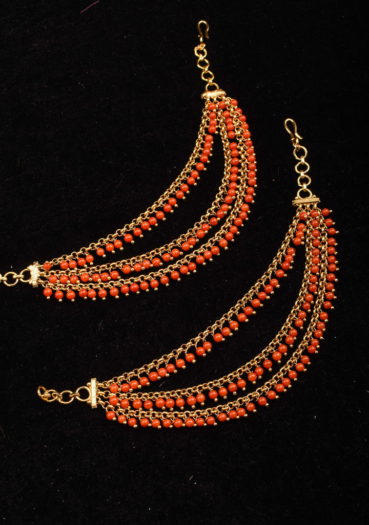 Three-Layered Red Beads Ear Chain  | Shobitam Jewelry