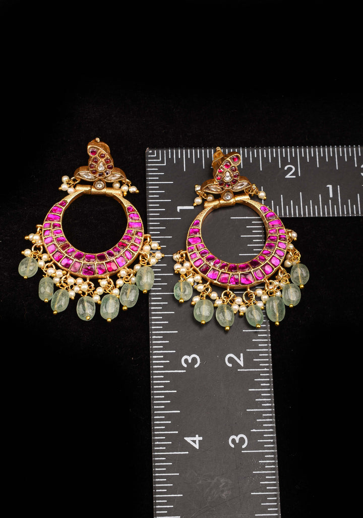 Exquisite Chandbali Earrings in Pink with Jadau Technique and Green Dangling Beads