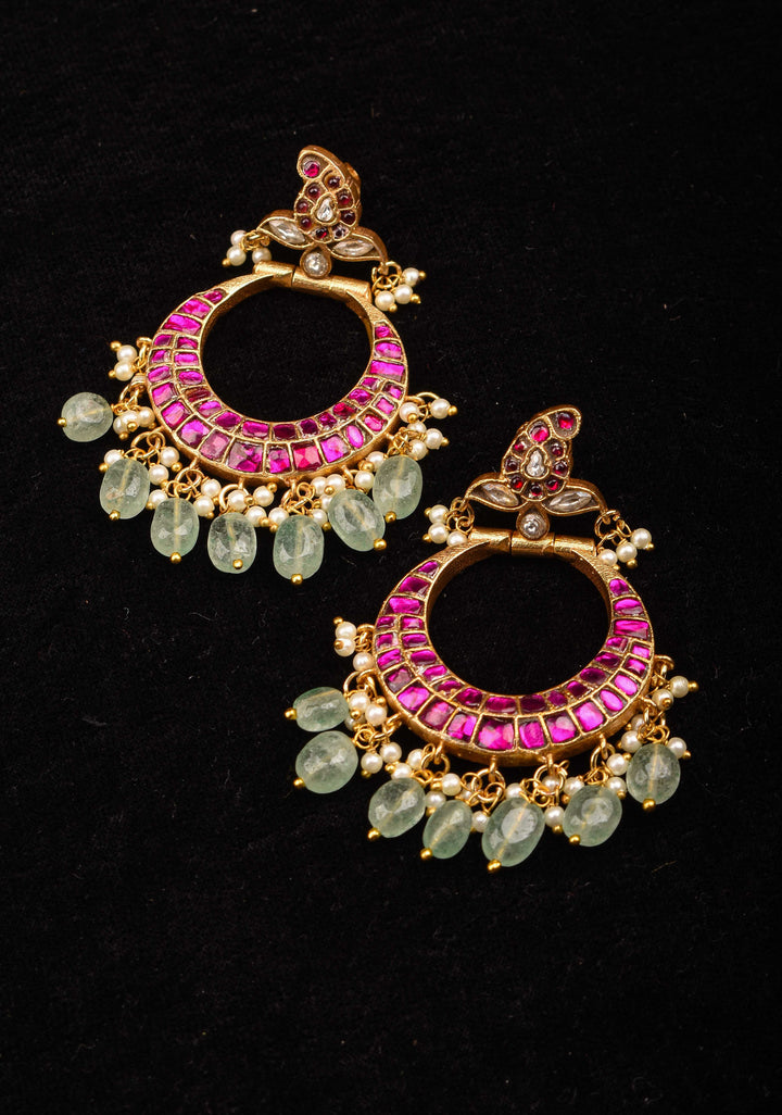 Exquisite Chandbali Earrings in Pink with Jadau Technique and Green Dangling Beads