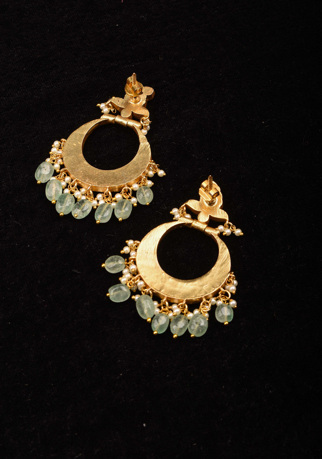 Exquisite Chandbali Earrings in Pink with Jadau Technique and Green Dangling Beads