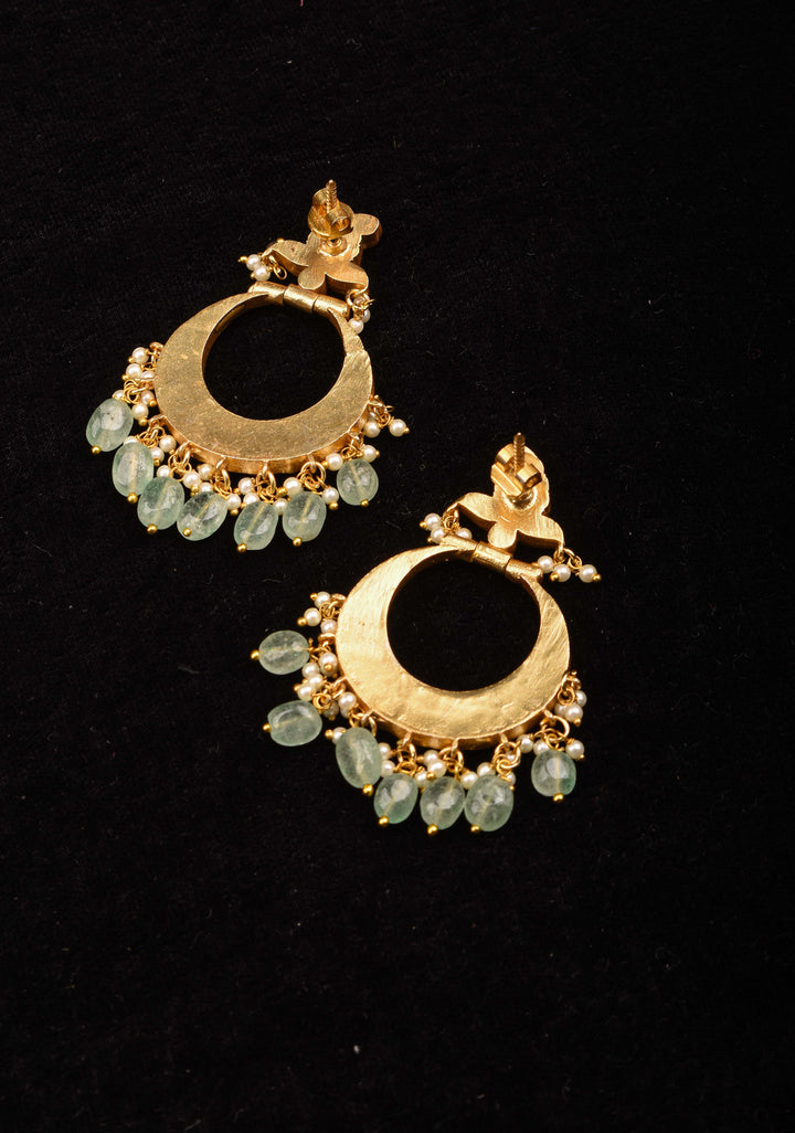 Exquisite Chandbali Earrings in Pink with Jadau Technique and Green Dangling Beads