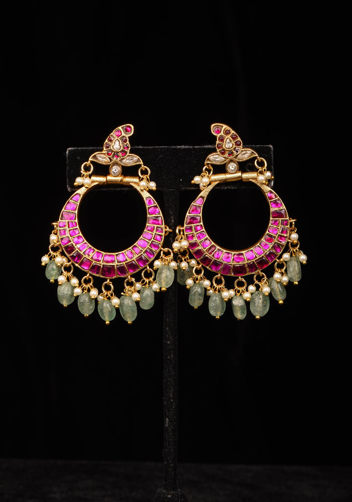 Exquisite Chandbali Earrings in Pink with Jadau Technique and Green Dangling Beads