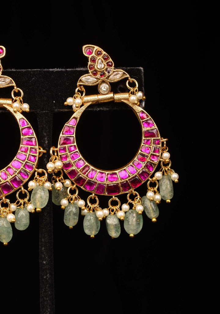 Exquisite Chandbali Earrings in Pink with Jadau Technique and Green Dangling Beads