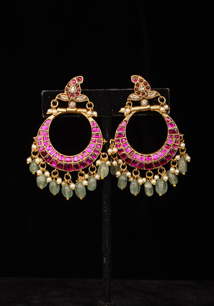 Exquisite Chandbali Earrings in Pink with Jadau Technique and Green Dangling Beads