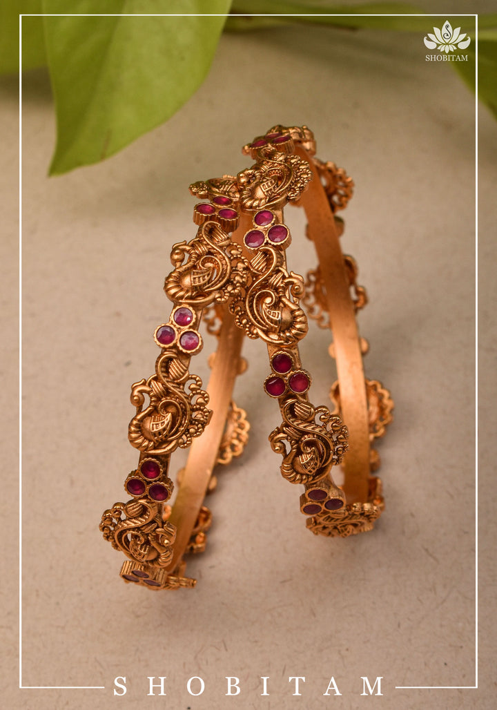 Bangles with Peacock and Pink Stone  Units | Shobitam Jewelry