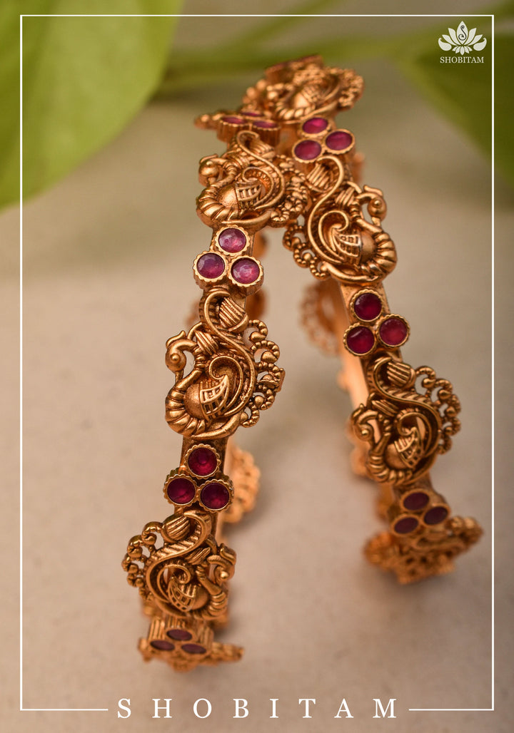 Bangles with Peacock and Pink Stone  Units | Shobitam Jewelry