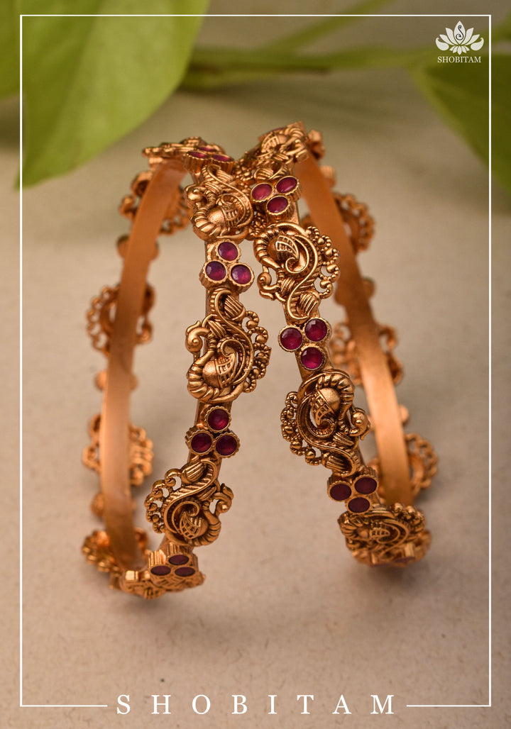 Bangles with Peacock and Pink Stone  Units | Shobitam Jewelry