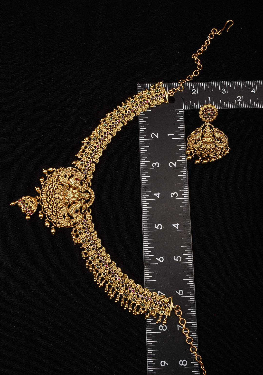 Antique Finish Necklace Set with Lakshmi Peacock and Stone Embellishments