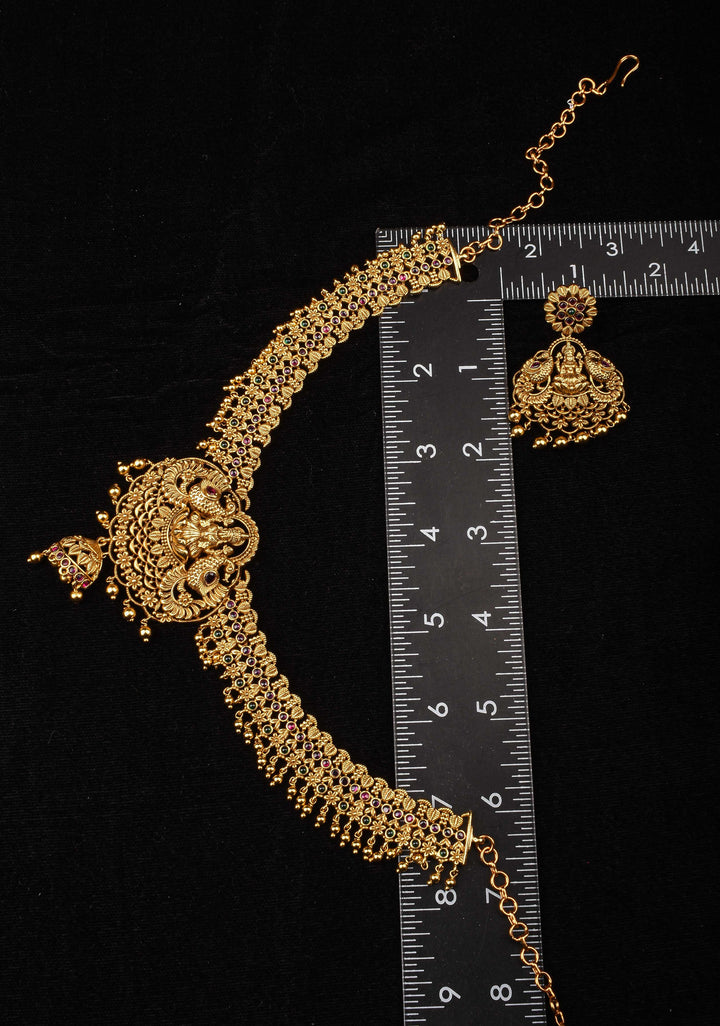 Antique Finish Necklace Set with Lakshmi Peacock and Stone Embellishments