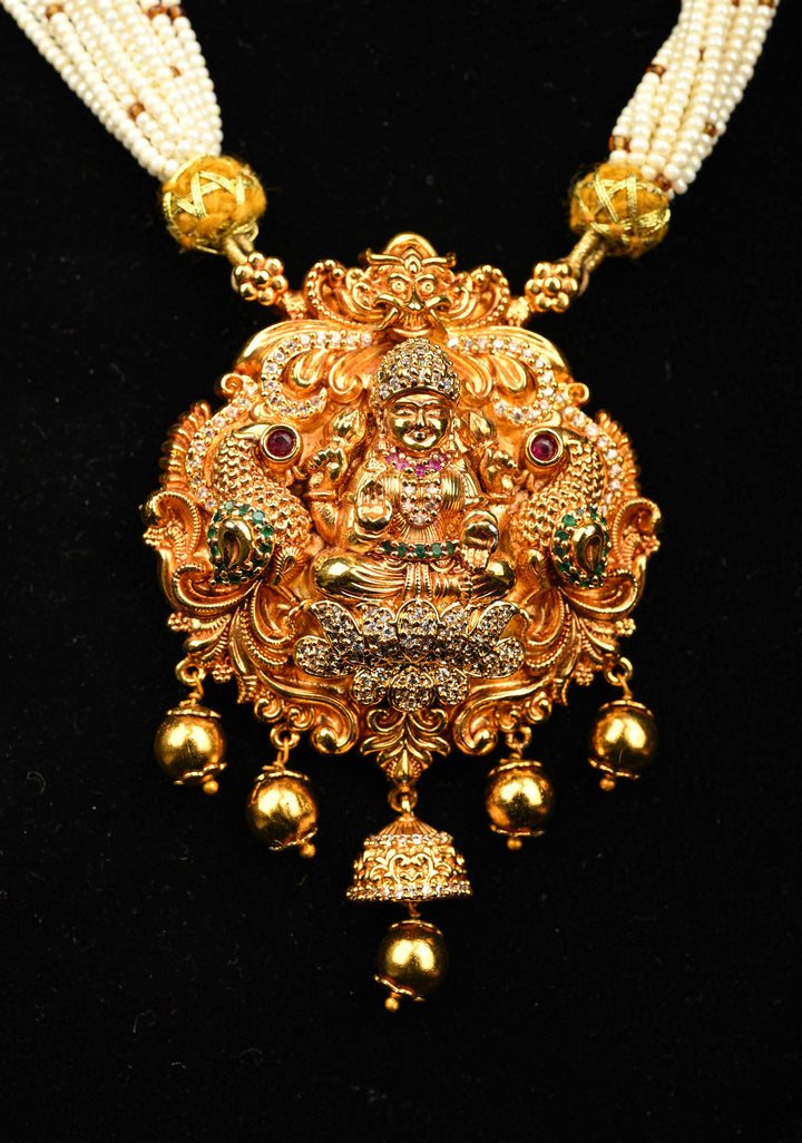 White Multistrand Beads Necklace Set with Lakshmi Pendant