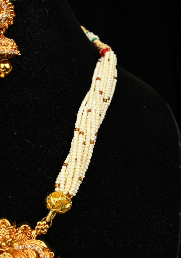 White Multistrand Beads Necklace Set with Lakshmi Pendant