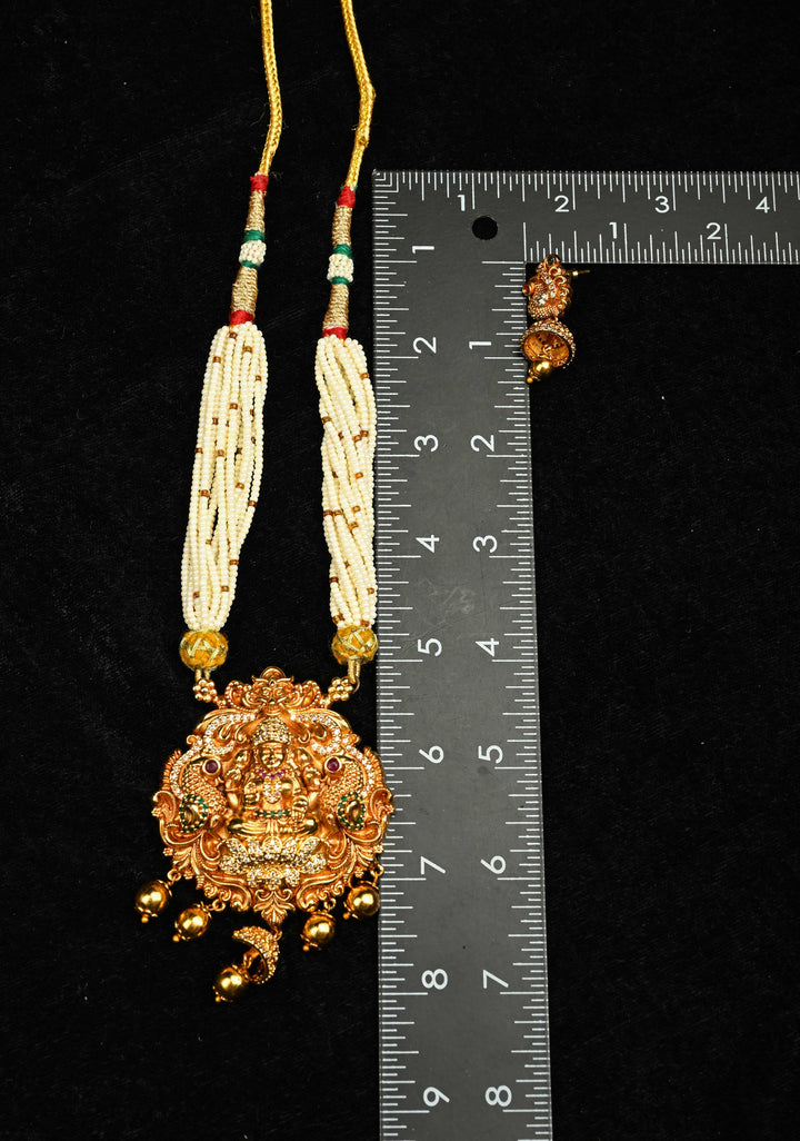 White Multistrand Beads Necklace Set with Lakshmi Pendant