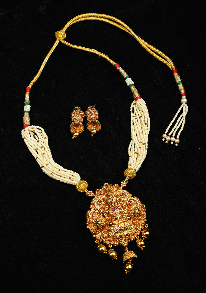 White Multistrand Beads Necklace Set with Lakshmi Pendant