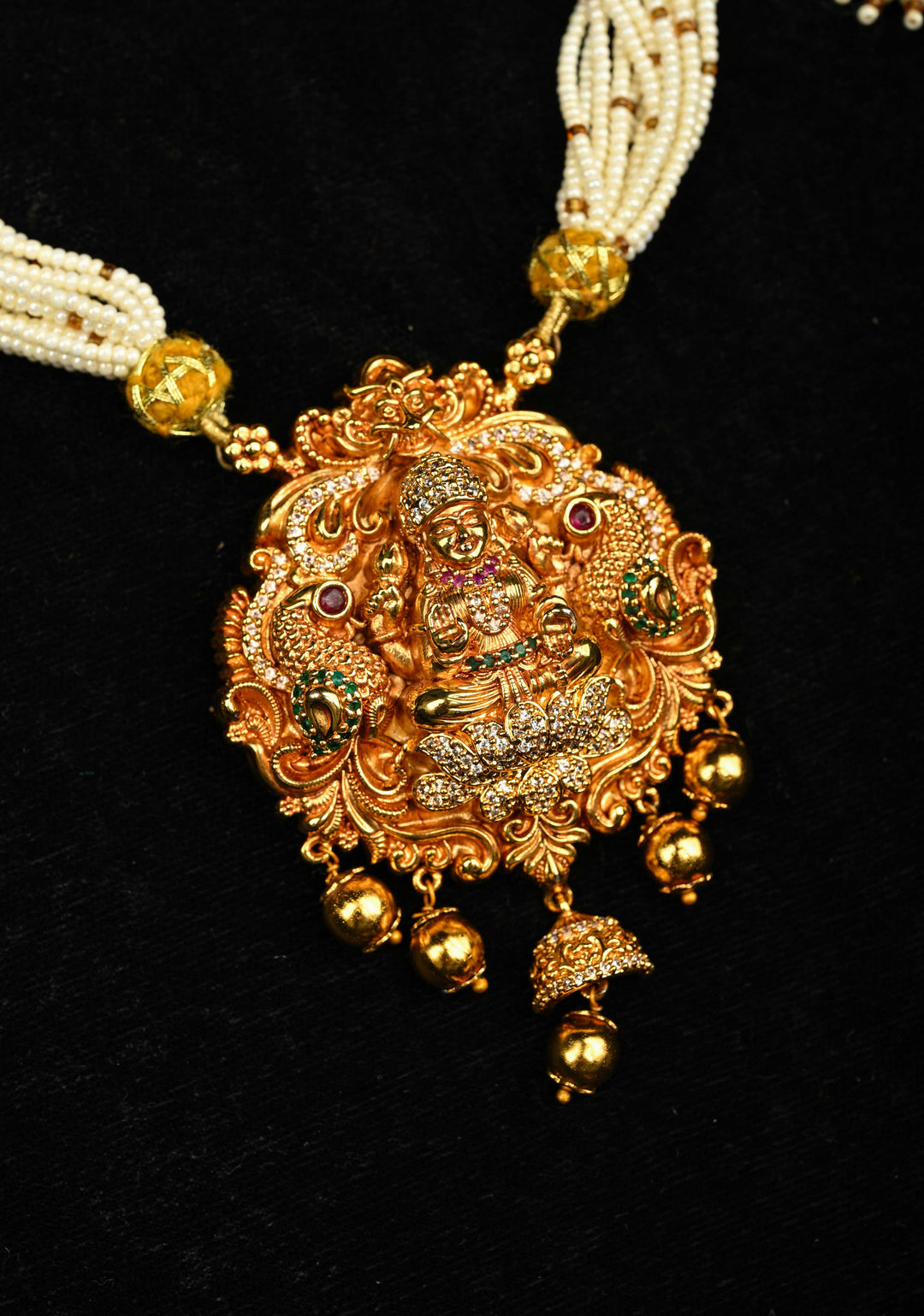 White Multistrand Beads Necklace Set with Lakshmi Pendant