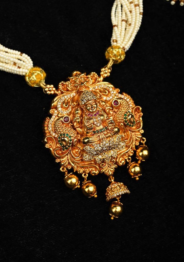 White Multistrand Beads Necklace Set with Lakshmi Pendant