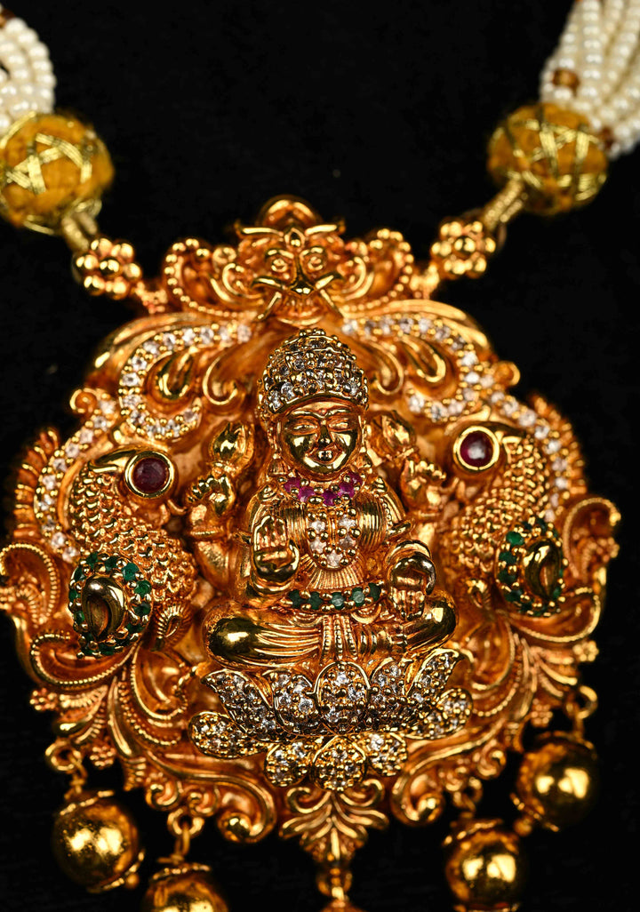 White Multistrand Beads Necklace Set with Lakshmi Pendant