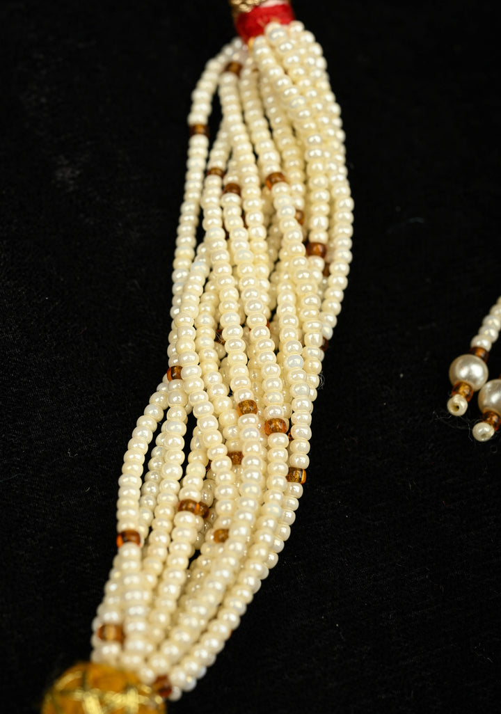 White Multistrand Beads Necklace Set with Lakshmi Pendant