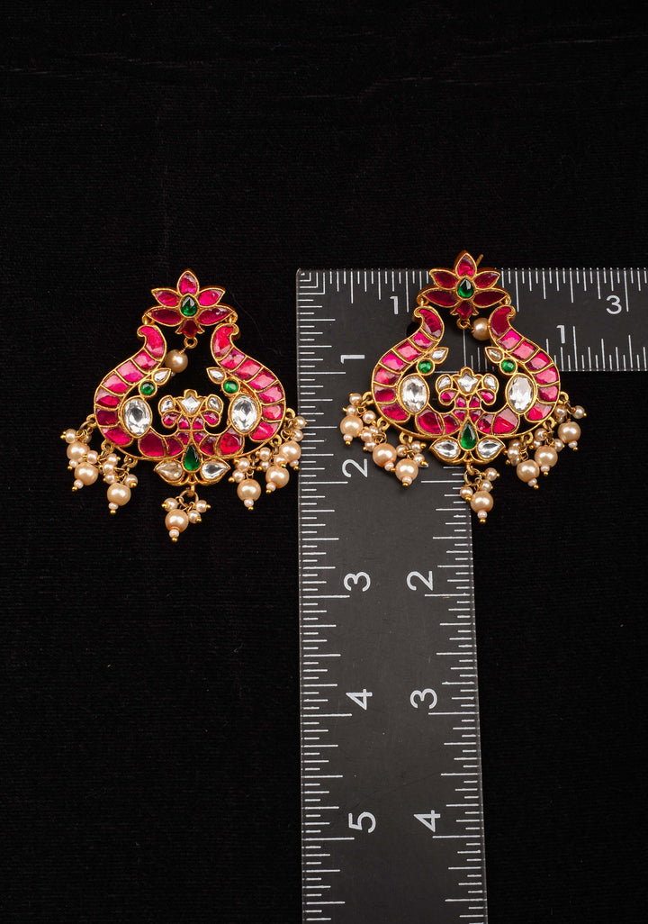 Handcrafted Jadau Earrings with Pink, Green and White Stones with Dangling Pearls | Shobitam Jewelry