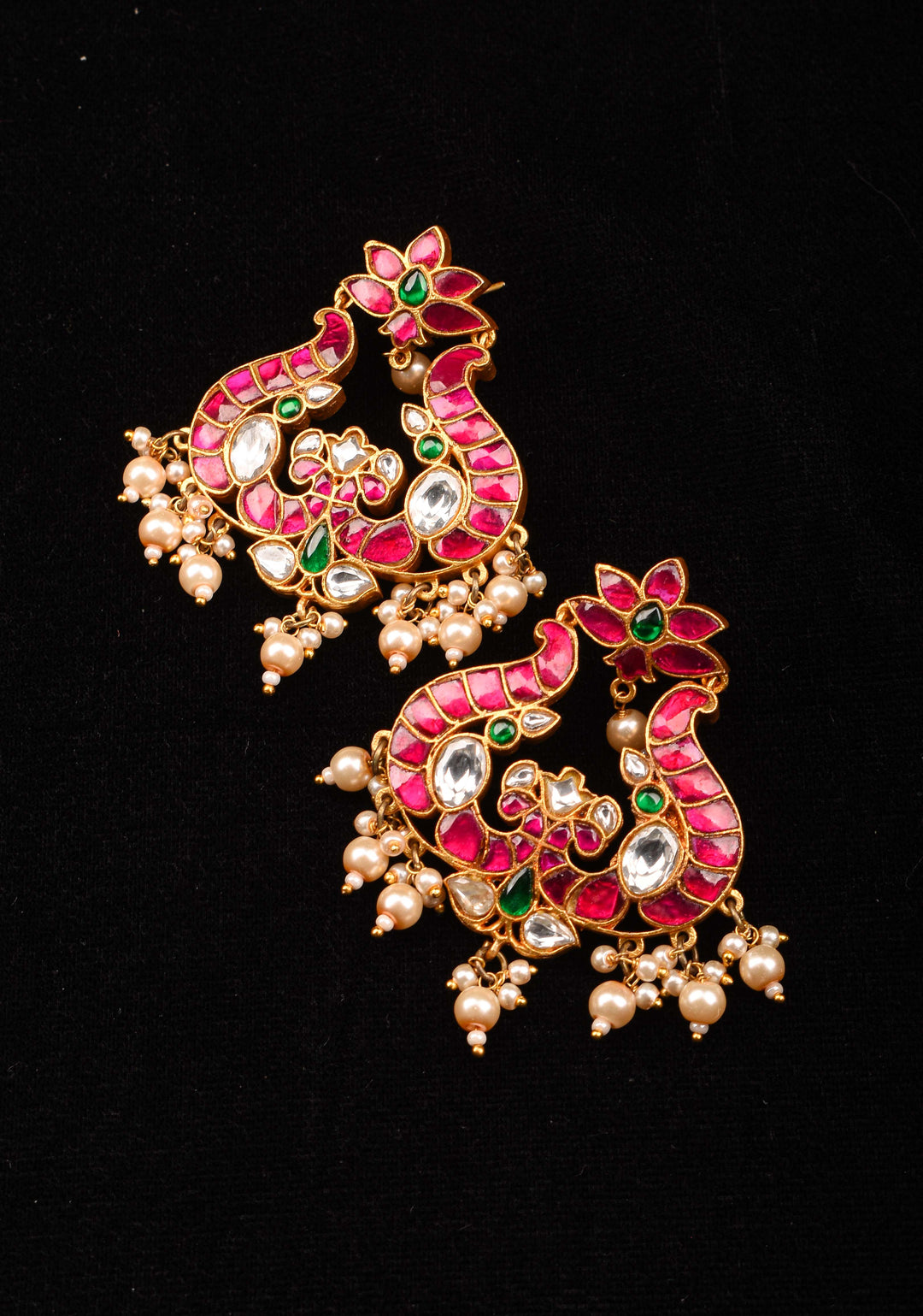 Handcrafted Jadau Earrings with Pink, Green and White Stones with Dangling Pearls | Shobitam Jewelry