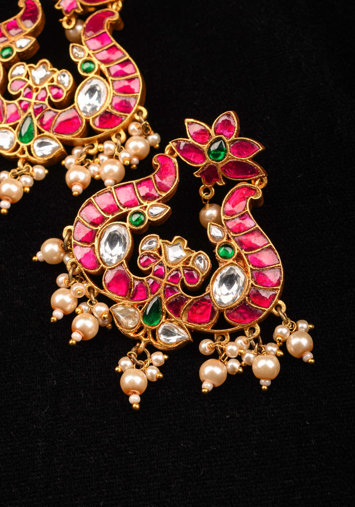 Handcrafted Jadau Earrings with Pink, Green and White Stones with Dangling Pearls | Shobitam Jewelry