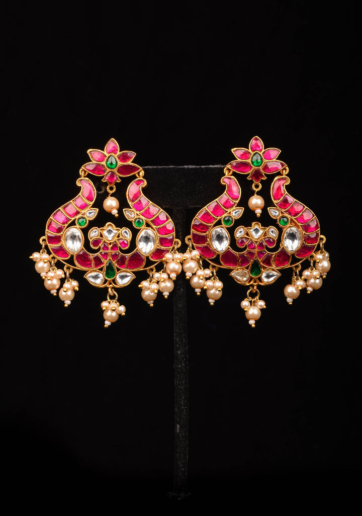Handcrafted Jadau Earrings with Pink, Green and White Stones with Dangling Pearls | Shobitam Jewelry