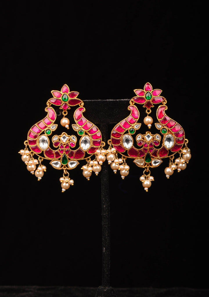Handcrafted Jadau Earrings with Pink, Green and White Stones with Dangling Pearls | Shobitam Jewelry