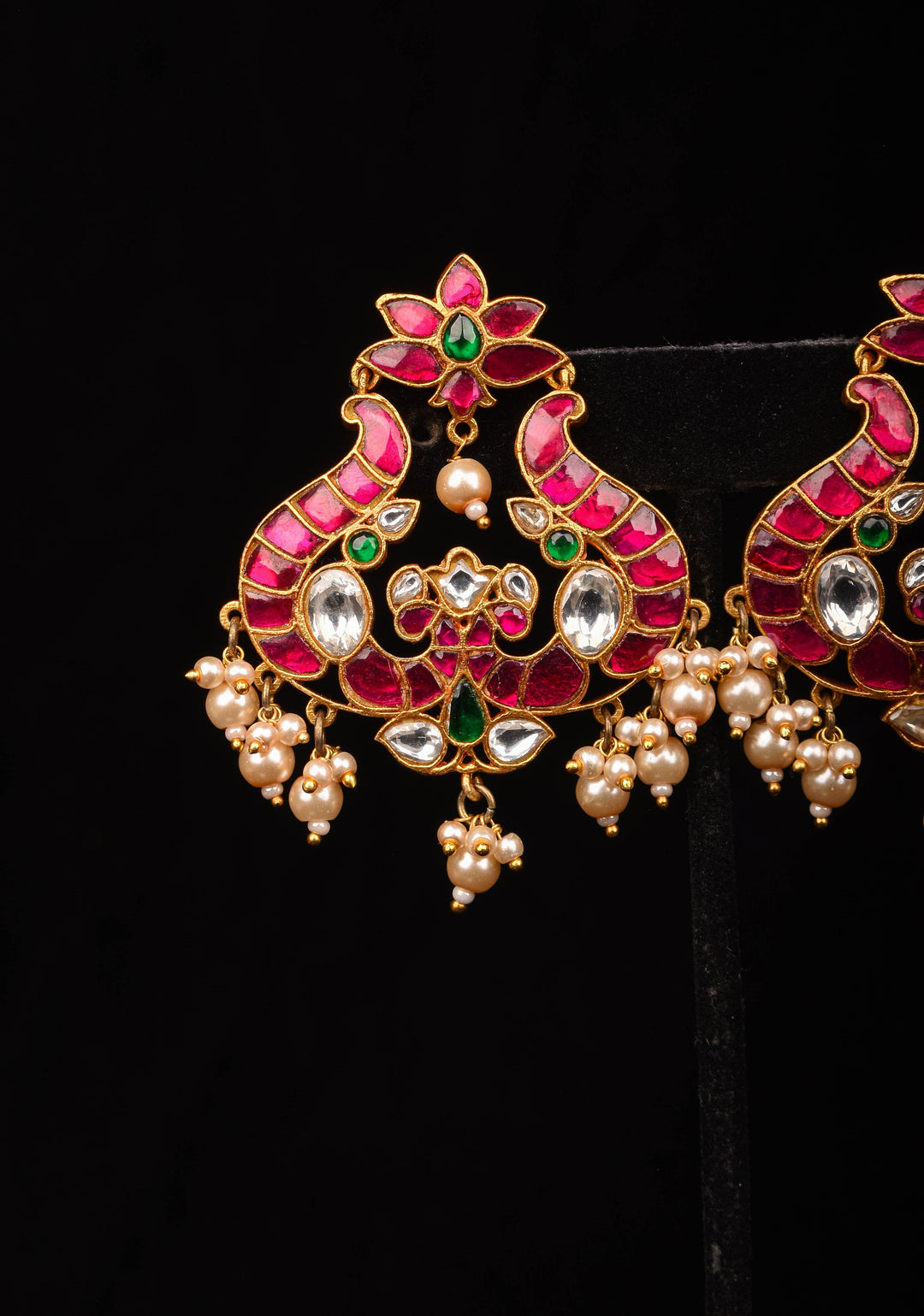 Handcrafted Jadau Earrings with Pink, Green and White Stones with Dangling Pearls | Shobitam Jewelry