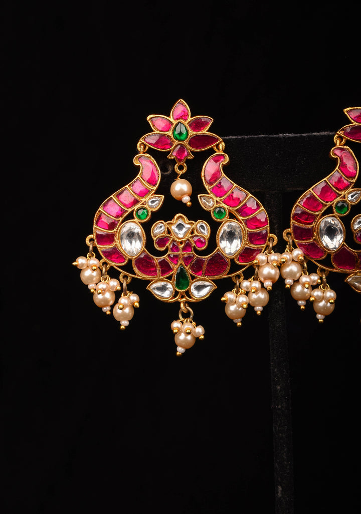 Handcrafted Jadau Earrings with Pink, Green and White Stones with Dangling Pearls | Shobitam Jewelry