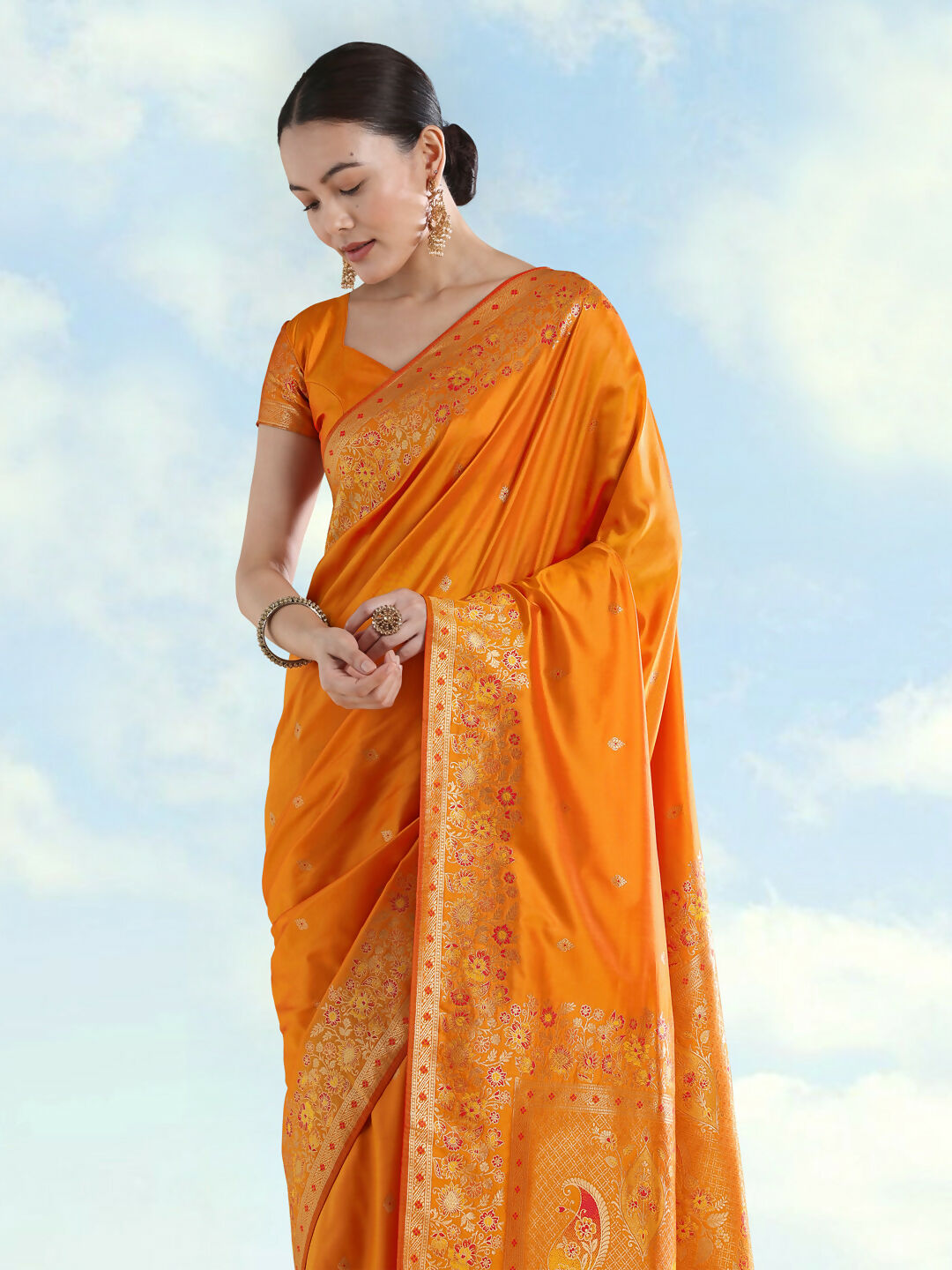 Orange Semi Banarasi Satin silk Saree With Zari Border And Butti Work  | SHOBITAM