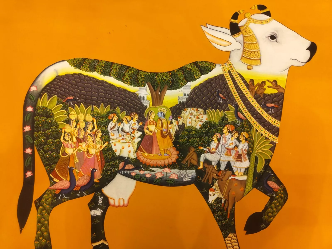 2x3 feet Authentic Jaipur Painting The Divine Kamadhenu: Krishna Leela Within  | SHOBITAM