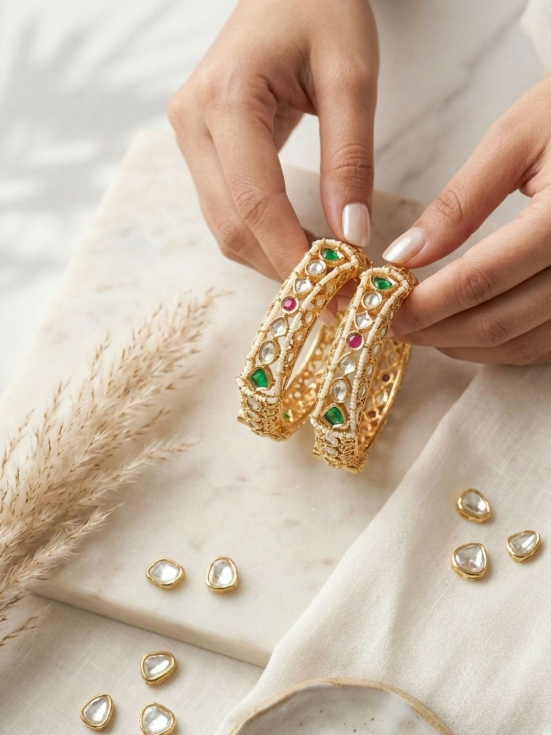Gold Plated Multicolour Silm Polki Bangles  | SHOBITAM