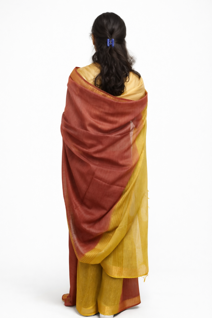 Sunshine Yellow Rust Pink Handwoven Cotton Silk Saree | SHOBITAM