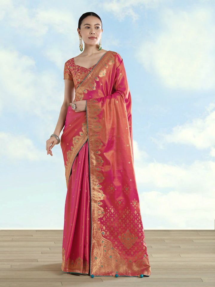 Red Color Paisley Zari Woven Semi Banarasi Tissue Silk Saree  | SHOBITAM