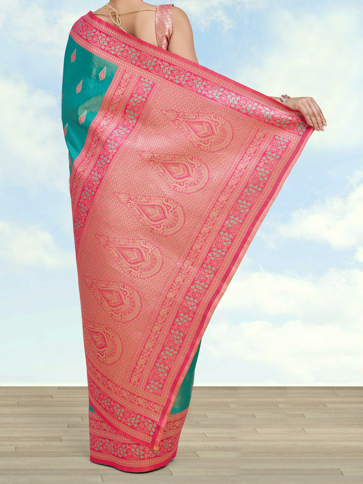 Semi Banarasi Tissue Silk Zari Woven Turquoise Saree | SHOBITAM