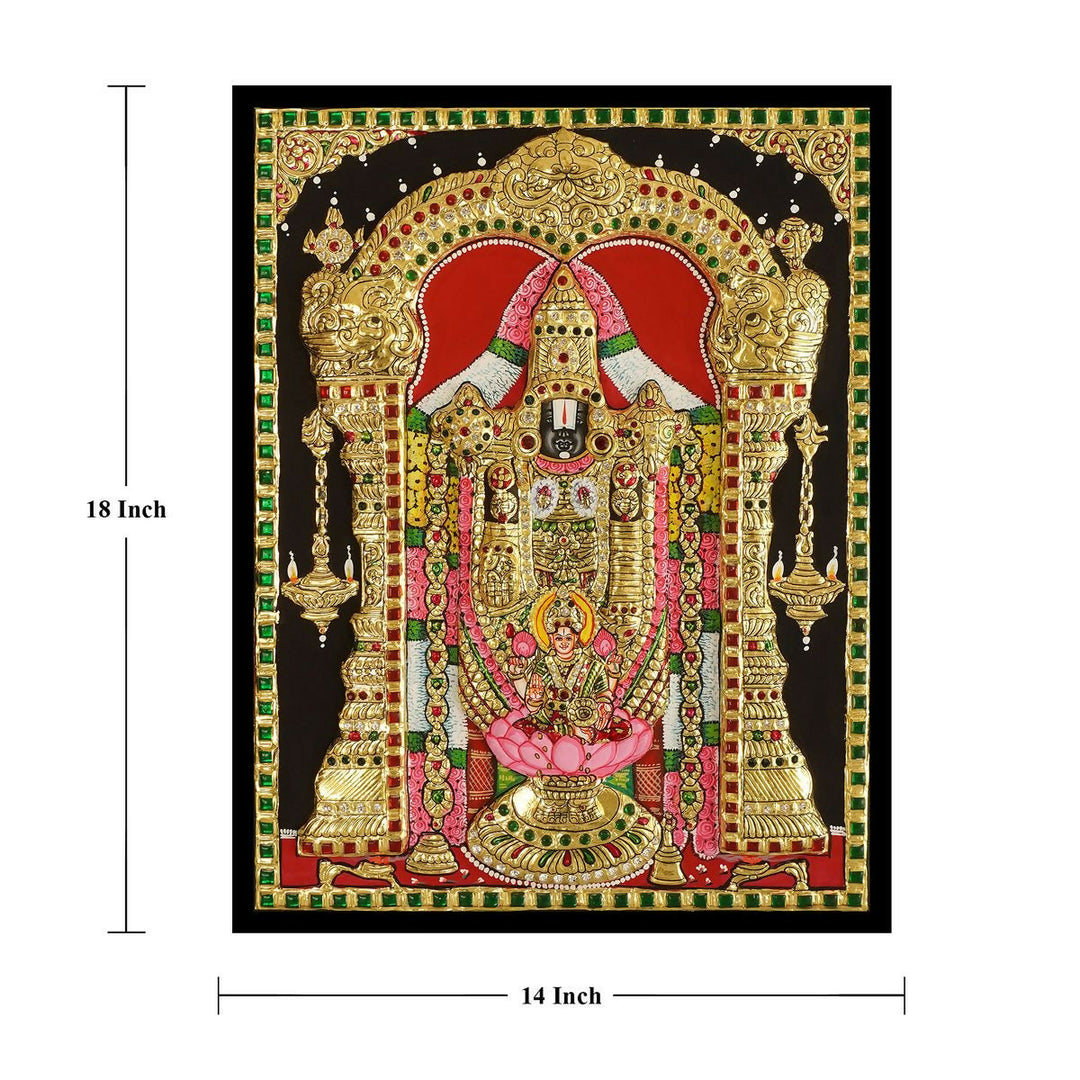 18*14" Balaji Pathalakshmi Tanjore painting Authentic with 22 Ct Gold Foil and Jaipur Gemstones, Unframed | SHOBITAM