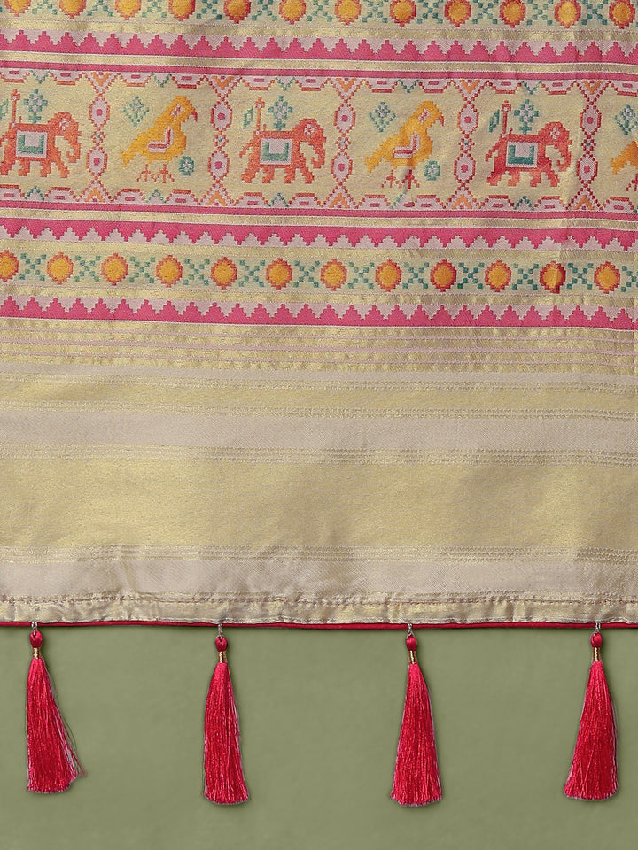 Cream Semi Banarasi Satin Silk Saree With Patola Work | SHOBITAM