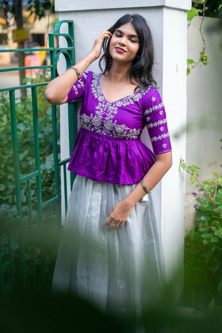 Rich Purple Raw Silk Peplum Blouse & Skirt | SHOBITAM