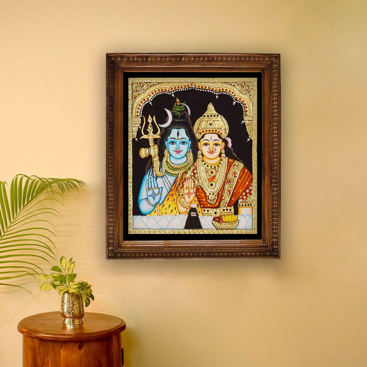 12*10 TANJORE PAINTING SHIVA PARVATHI Authentic With 22 Ct Gold Foil and Jaipur Gemstones,Unframed | SHOBITAM