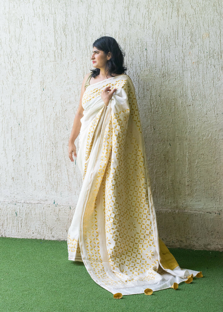 Moonlight Applique work Chanderi Silk Cotton Saree | Shobitam