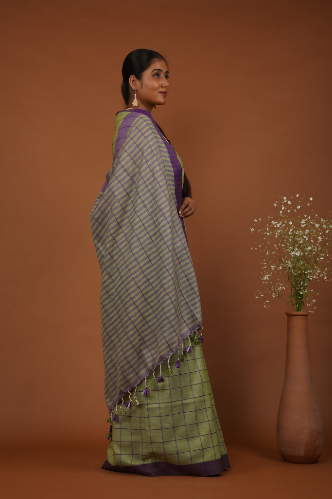Vanika Rekha Handwoven Olive Green Cotton Saree  | SHOBITAM