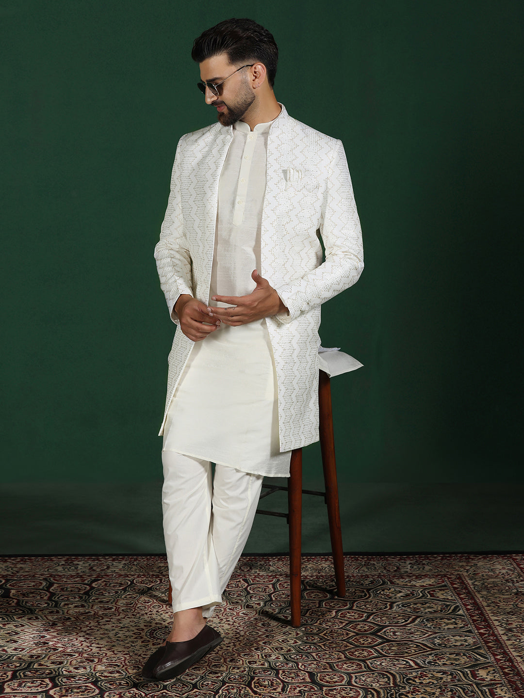 White Cotton Blend Kurta Sherwani Pyjama Set For Men With Embroidered Work | SHOBITAM