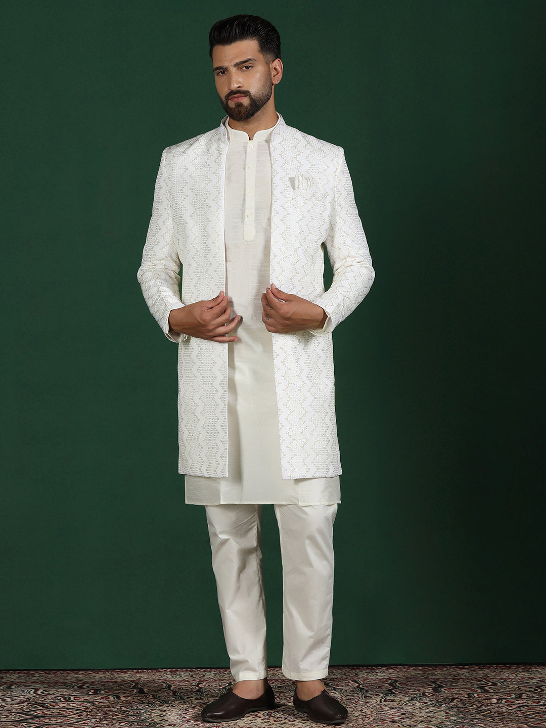 White Cotton Blend Kurta Sherwani Pyjama Set For Men With Embroidered Work | SHOBITAM