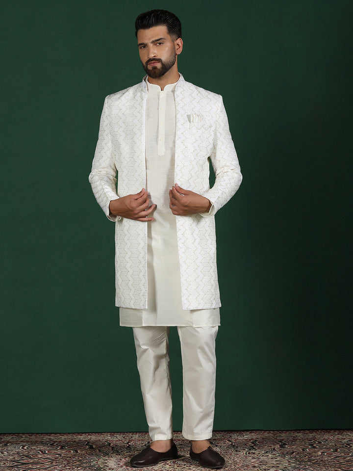 White Cotton Blend Kurta Sherwani Pyjama Set For Men With Embroidered Work | SHOBITAM
