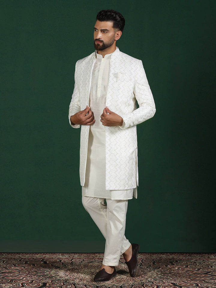 White Cotton Blend Kurta Sherwani Pyjama Set For Men With Embroidered Work | SHOBITAM