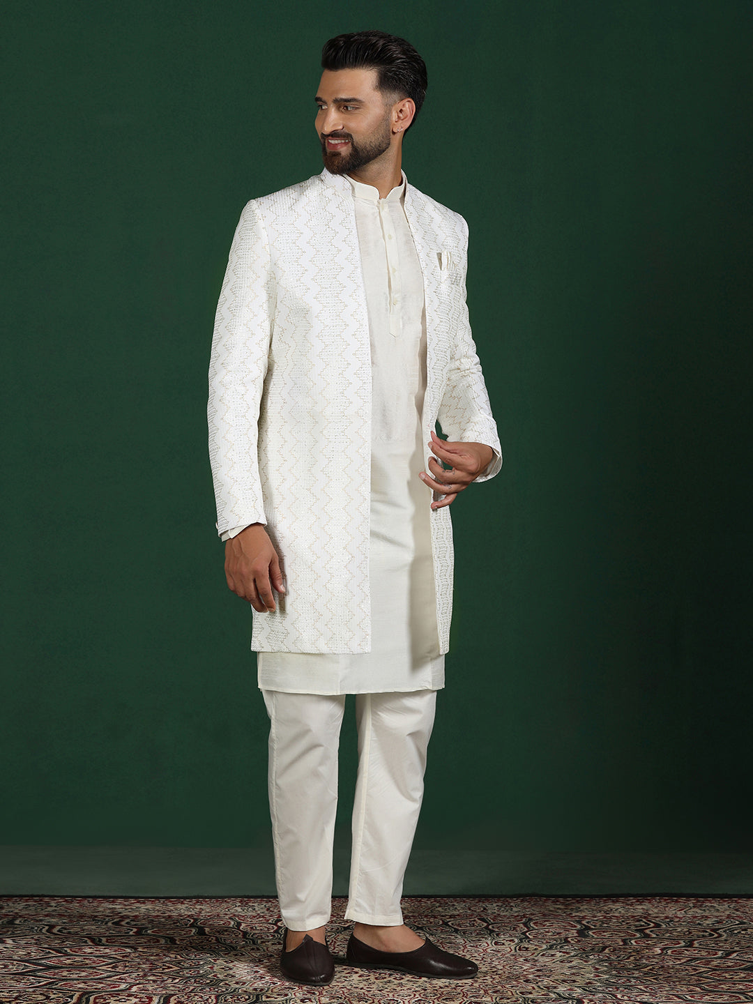 White Cotton Blend Kurta Sherwani Pyjama Set For Men With Embroidered Work | SHOBITAM