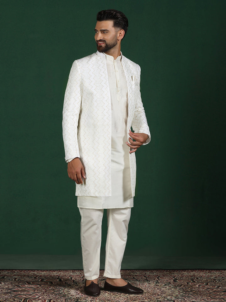 White Cotton Blend Kurta Sherwani Pyjama Set For Men With Embroidered Work | SHOBITAM