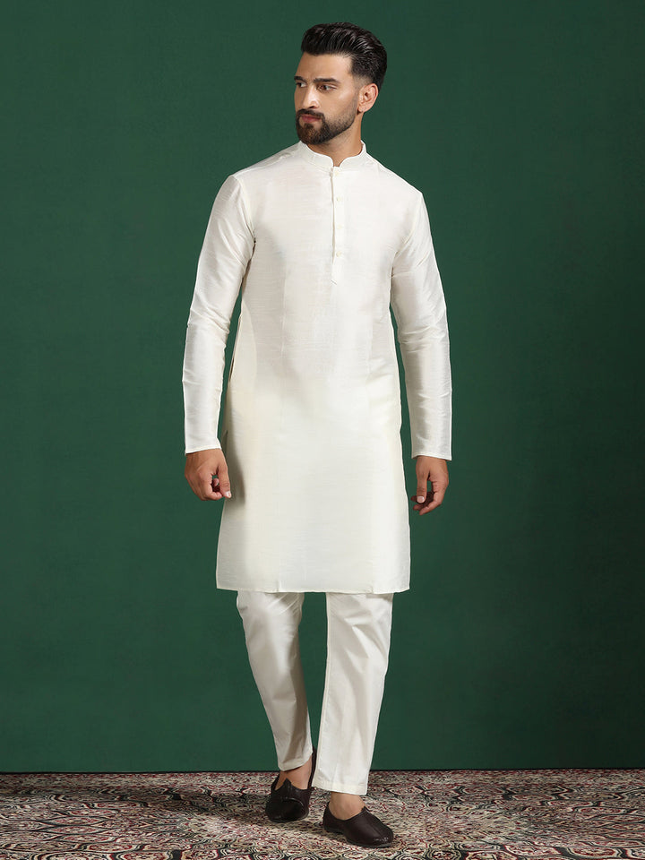 White Cotton Blend Kurta Sherwani Pyjama Set For Men With Embroidered Work | SHOBITAM