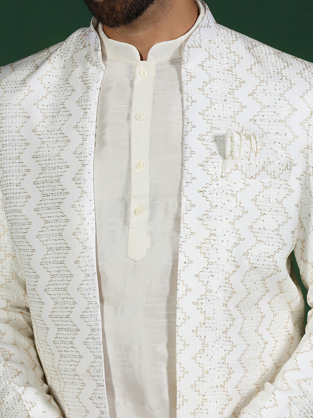 White Cotton Blend Kurta Sherwani Pyjama Set For Men With Embroidered Work | SHOBITAM